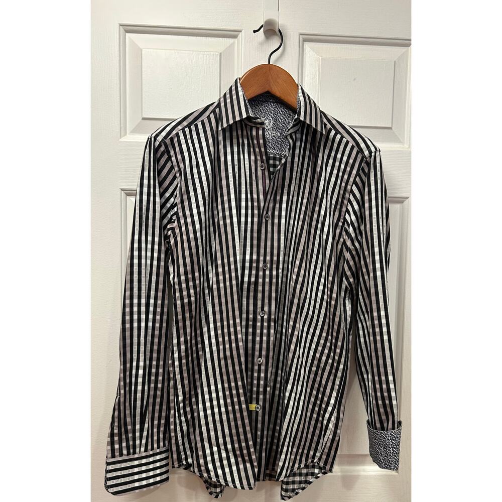 Bugatchi Uomo Black & White Striped Flip Cuff Button-Down Shirt, Size M